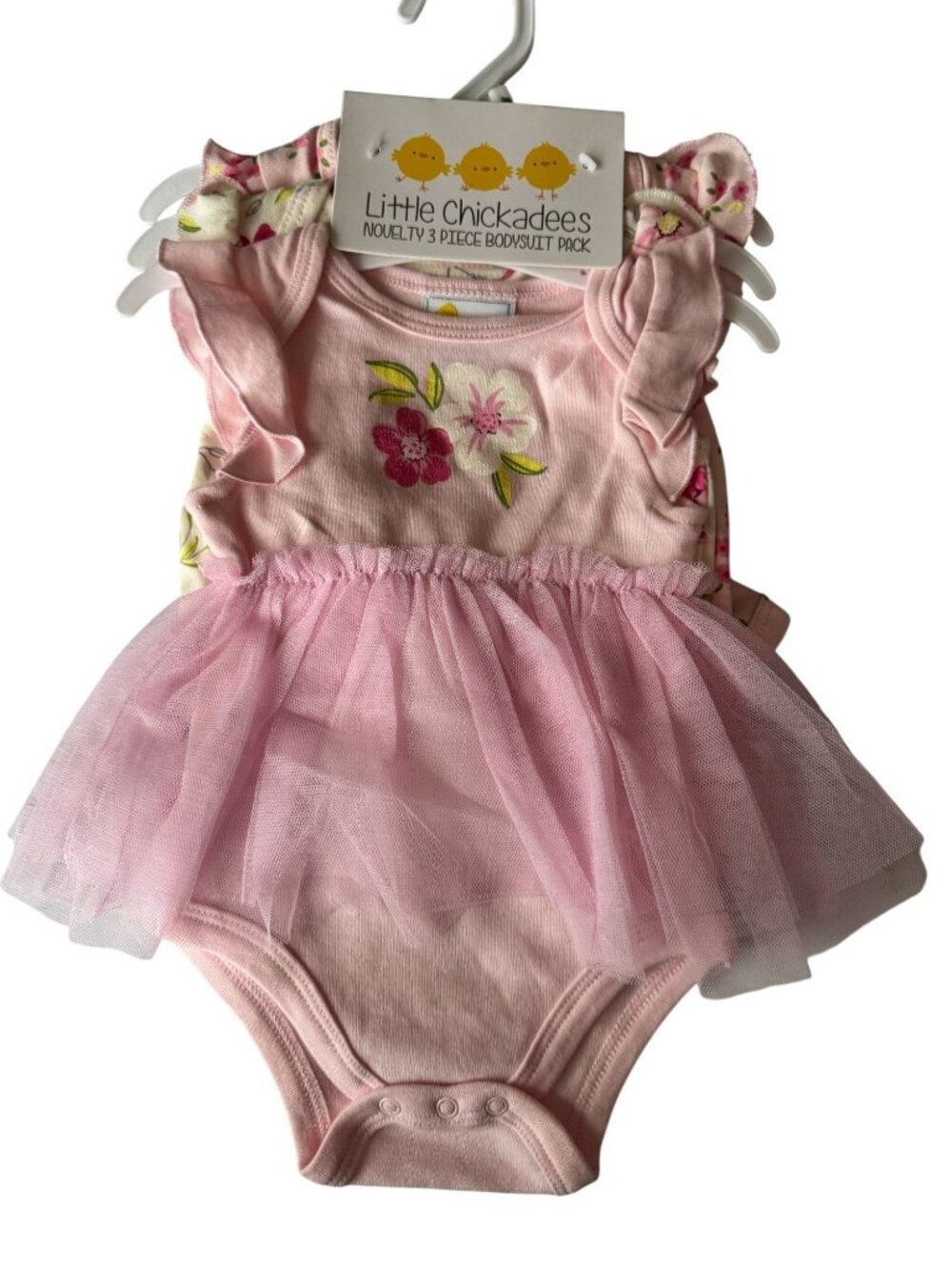 NEW Little Chickadees Baby 3-Piece Bodysuit Pack Floral Pink Tulle Skirt 3-6M